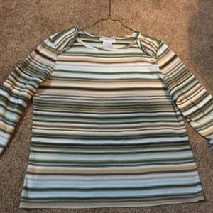 SAG HARBOR Green Striped Knit Top 3/4 Sleeve Scoop